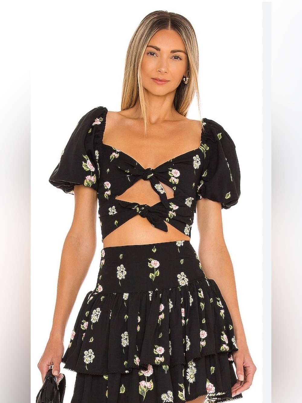 Black Floral Tie-Front Puff Sleeve Crop Top Aqua Bendita Large
